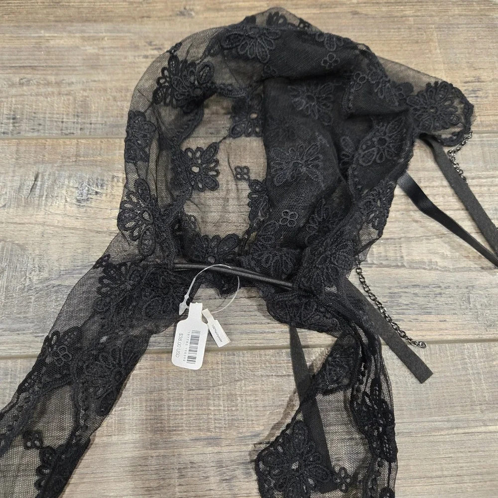 Free People Black Sheer Lace Floral Embroidered Headband Scarf Hood Chain NWT